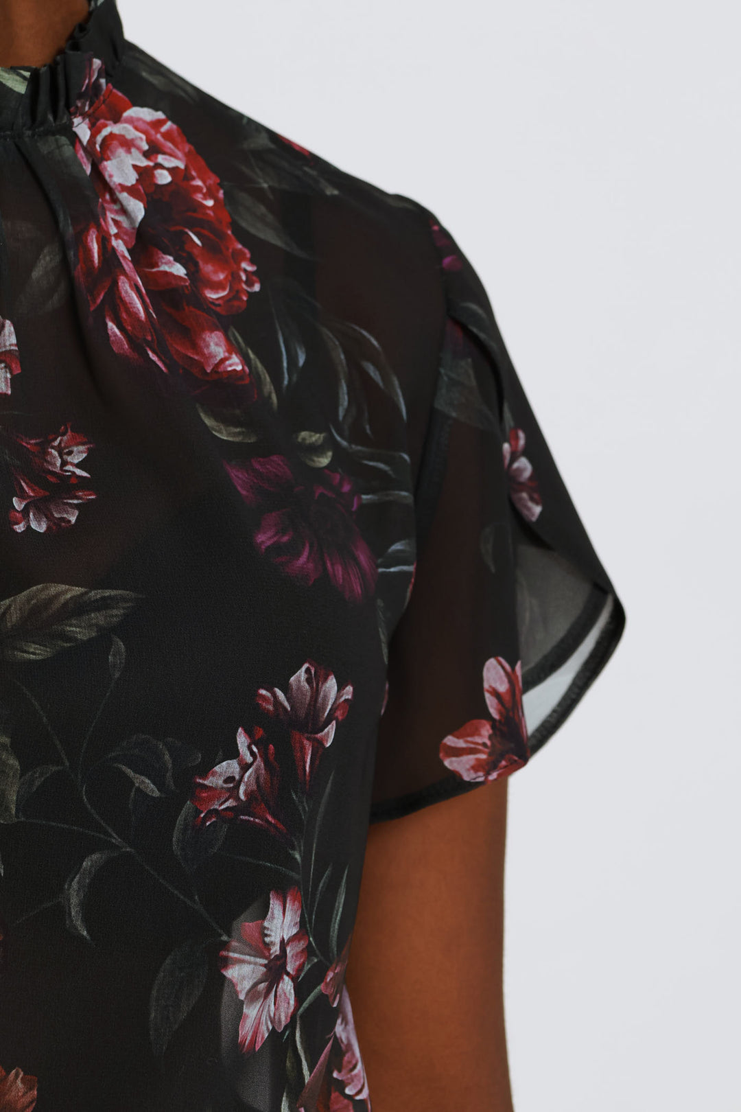 Frill Neck Dark Floral Blouse - Bottle Green