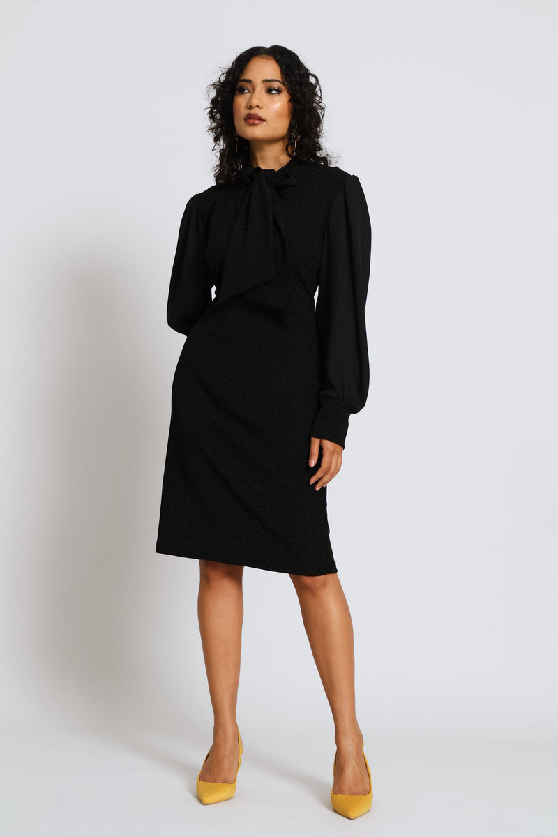 Kitty Bow Keyhole Shimmer Combo Dress - Black