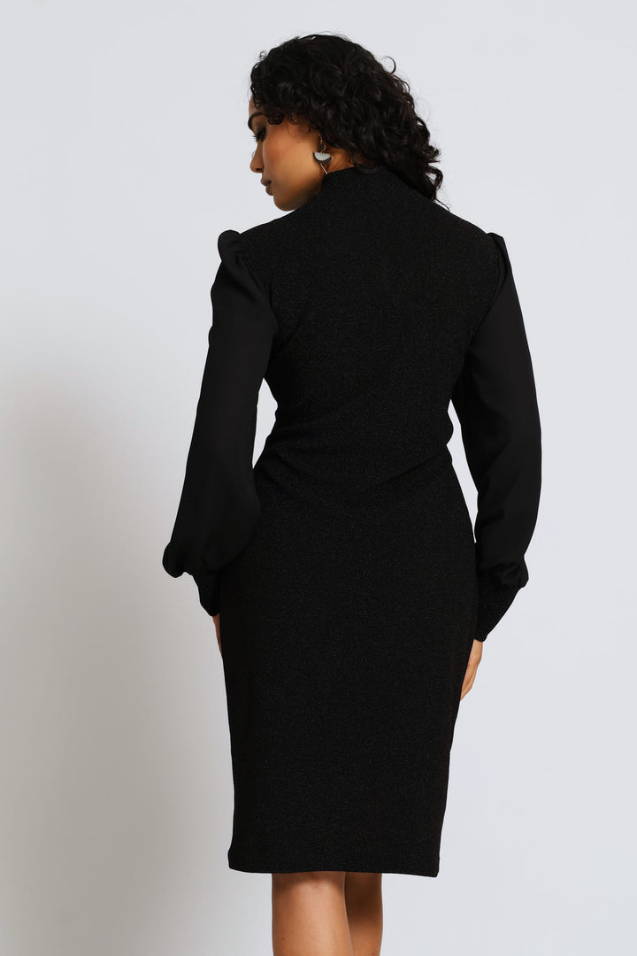 Kitty Bow Keyhole Shimmer Combo Dress - Black
