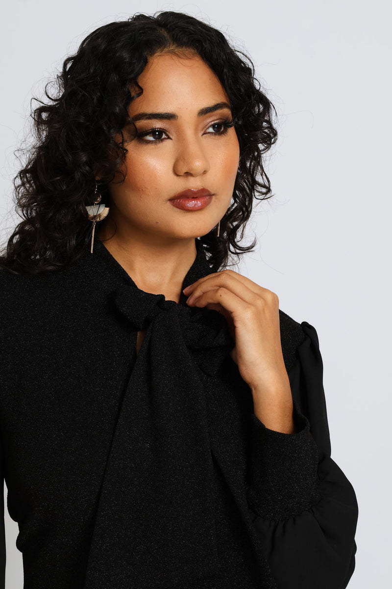 Kitty Bow Keyhole Shimmer Combo Dress - Black