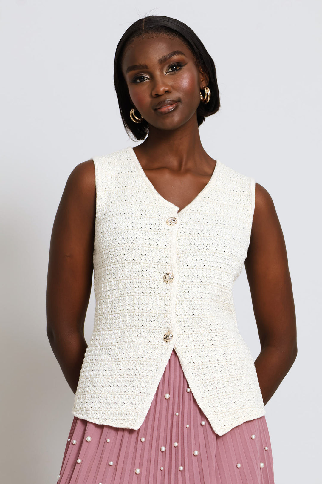 Textured Crochet Knitwear Waistcoat - Cream
