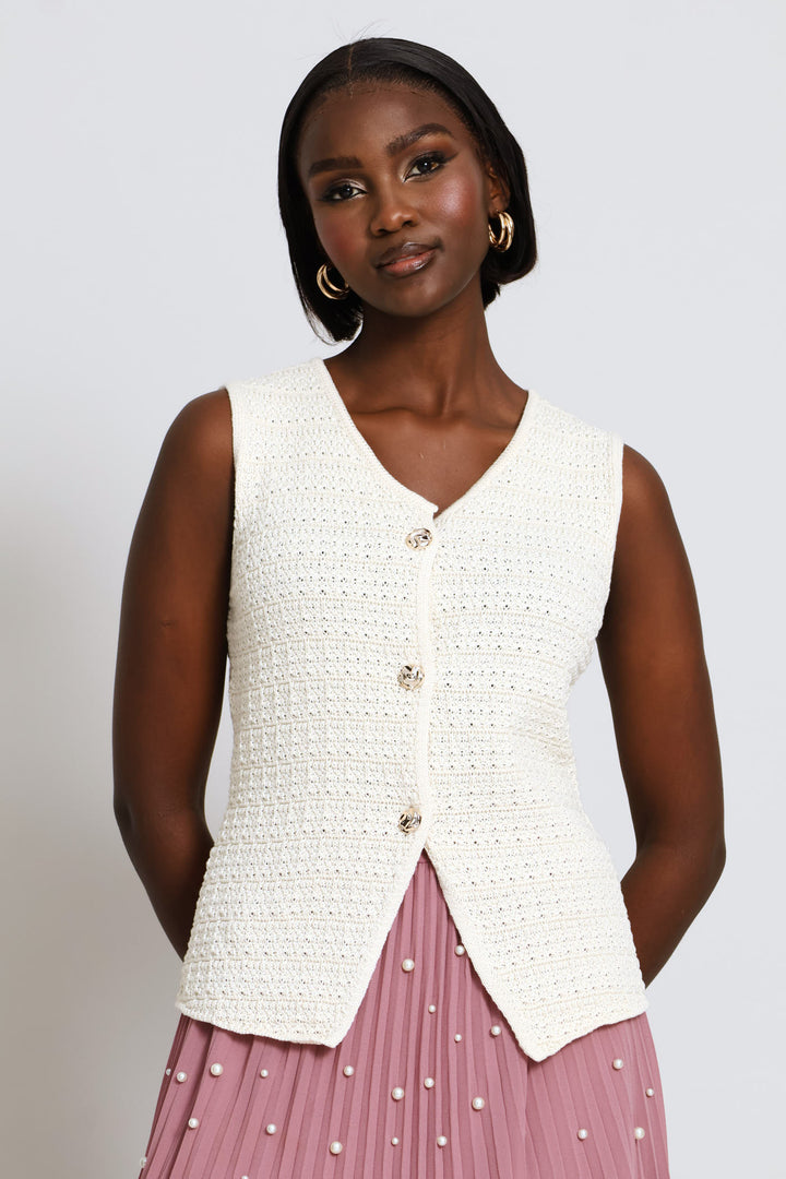 Textured Crochet Knitwear Waistcoat - Cream