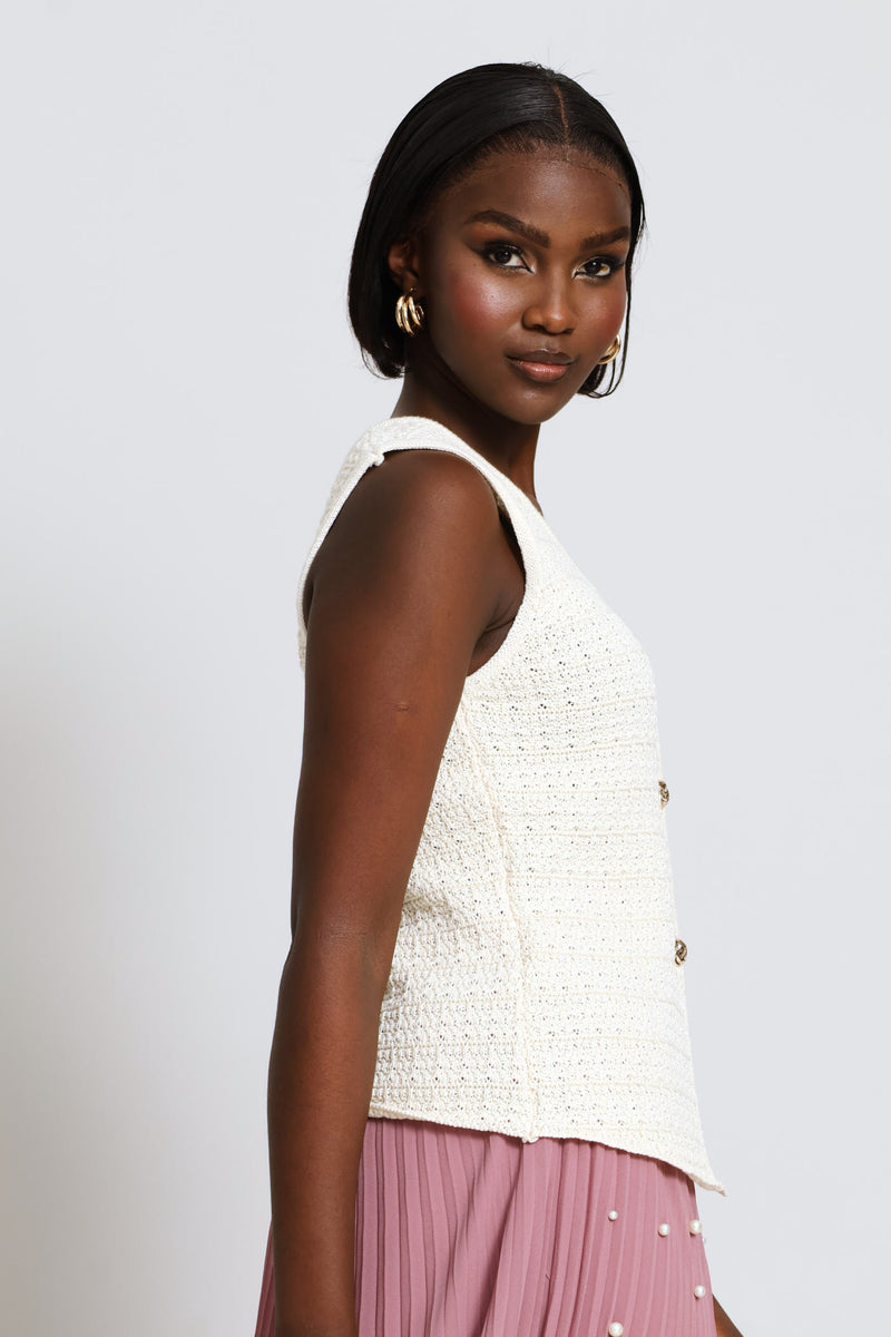 Textured Crochet Knitwear Waistcoat - Cream