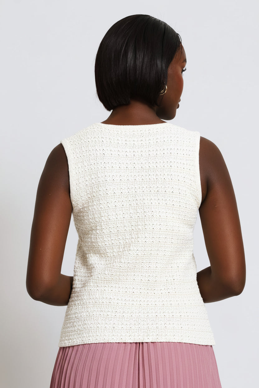 Textured Crochet Knitwear Waistcoat - Cream