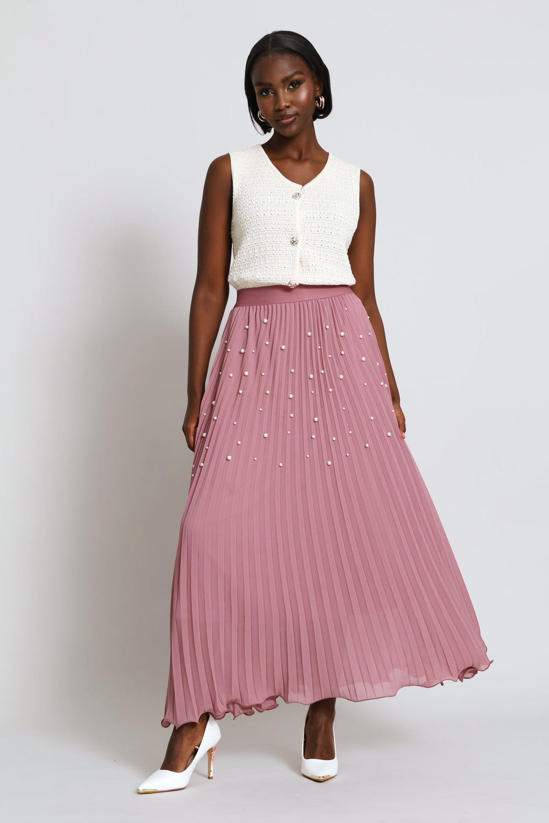Pearl Pleated Chiffon Maxi Skirt - Mauve