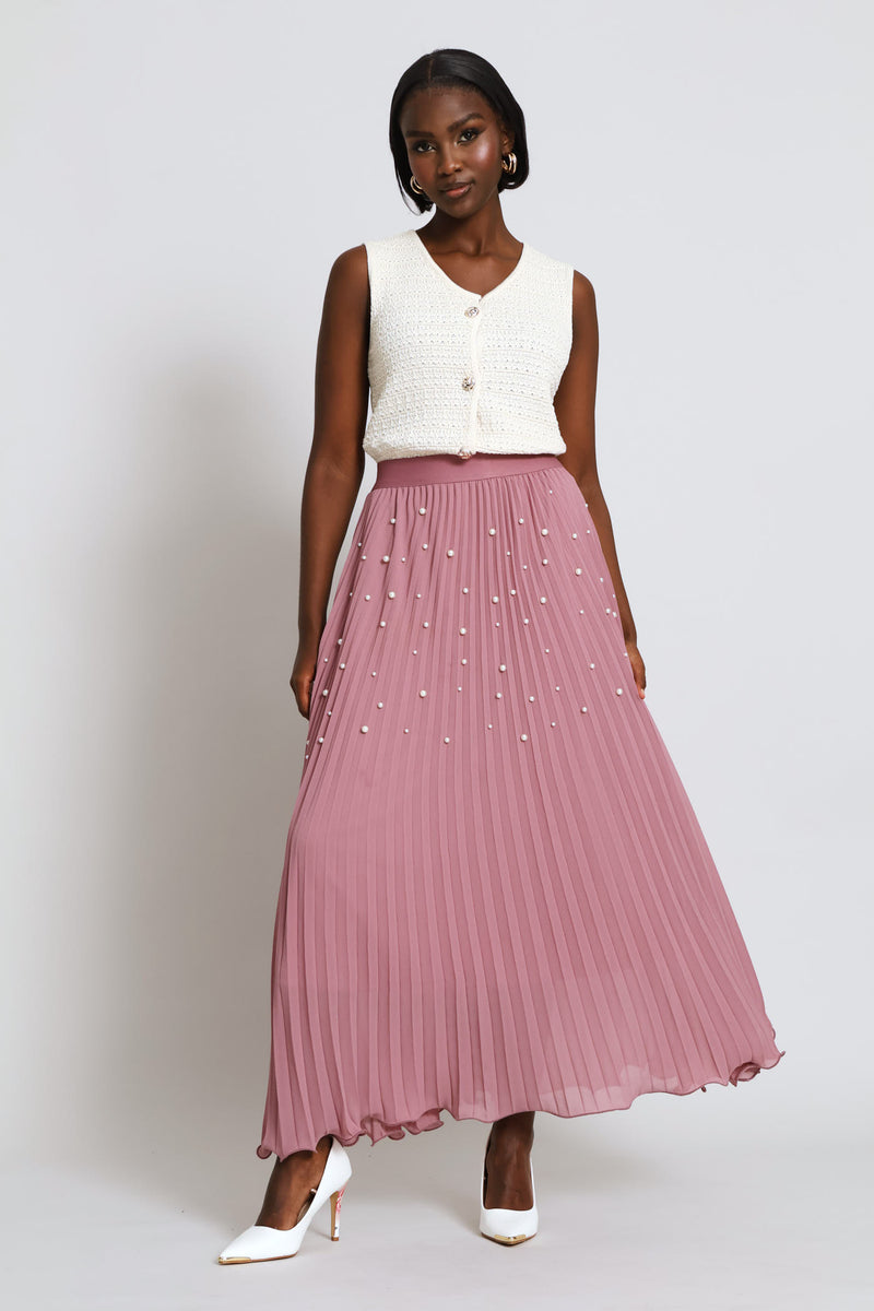 Pearl Pleated Chiffon Maxi Skirt - Mauve