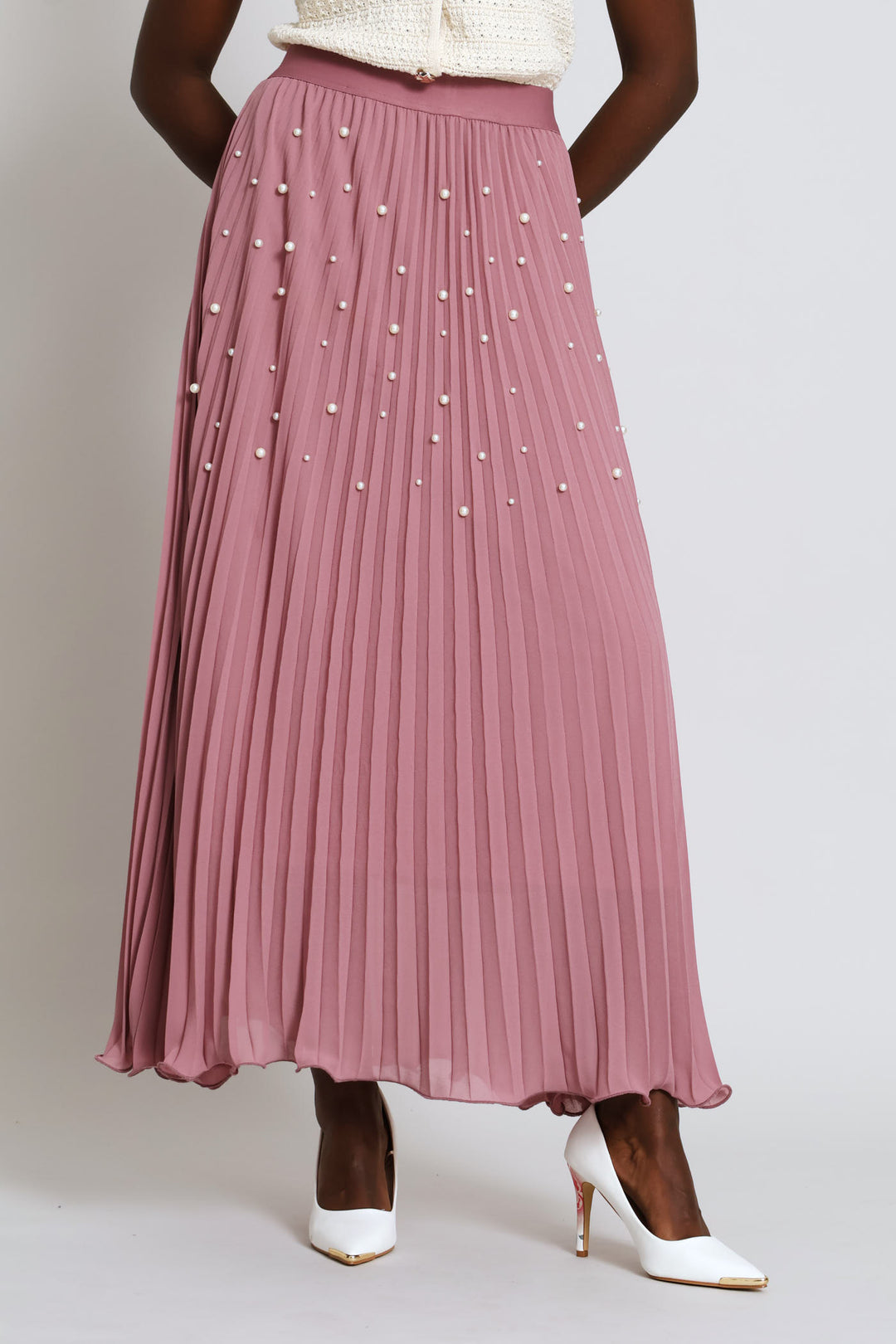 Pearl Pleated Chiffon Maxi Skirt - Mauve