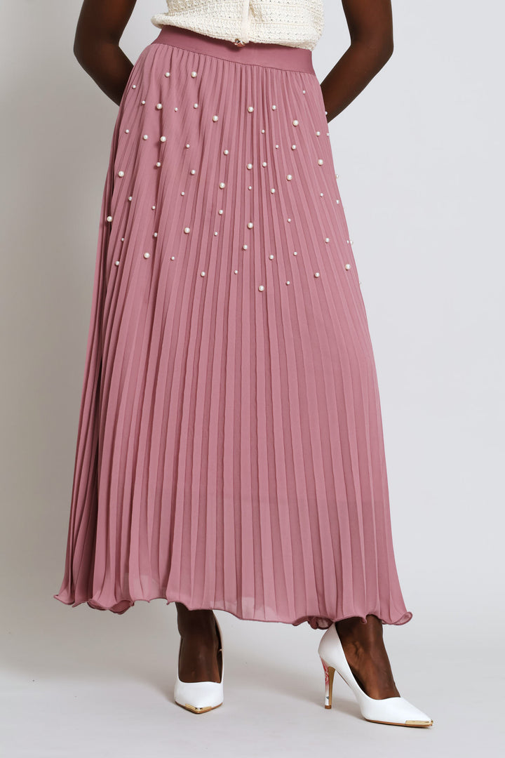 Pearl Pleated Chiffon Maxi Skirt - Mauve