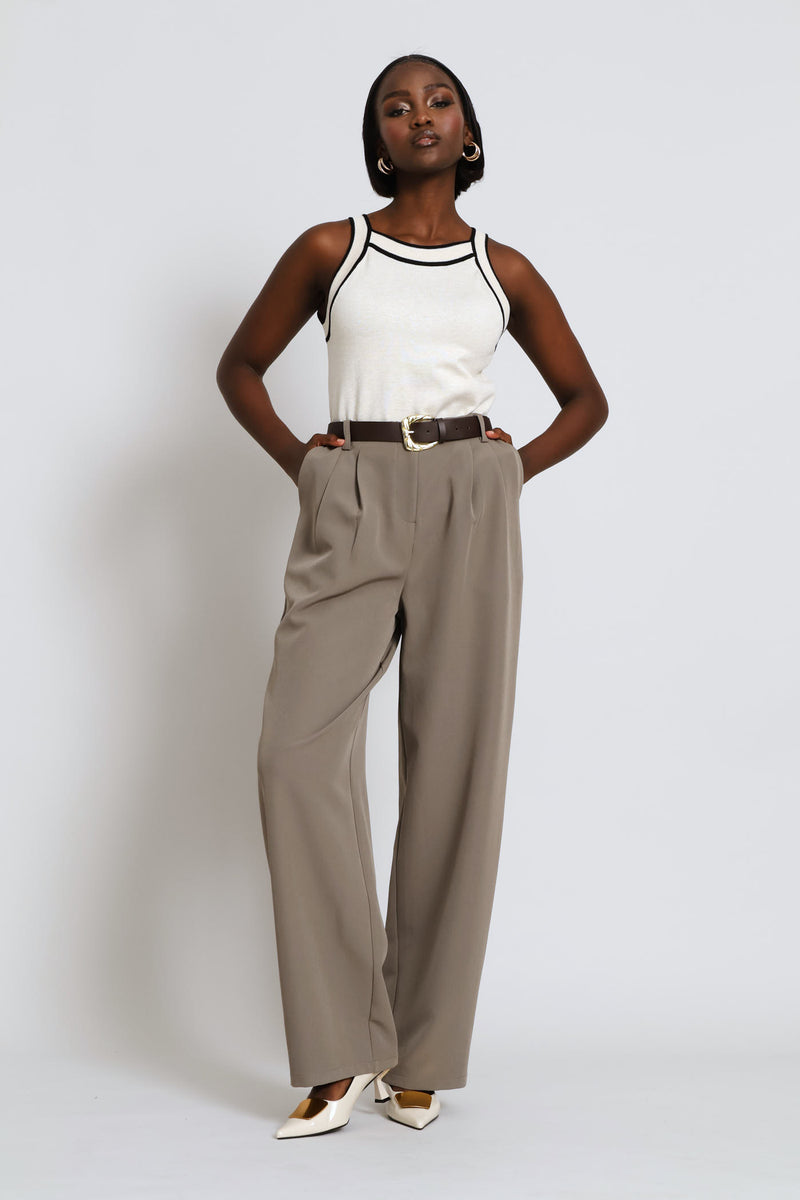 Fancy Buckle Pleat Wide Leg Pant - Brown