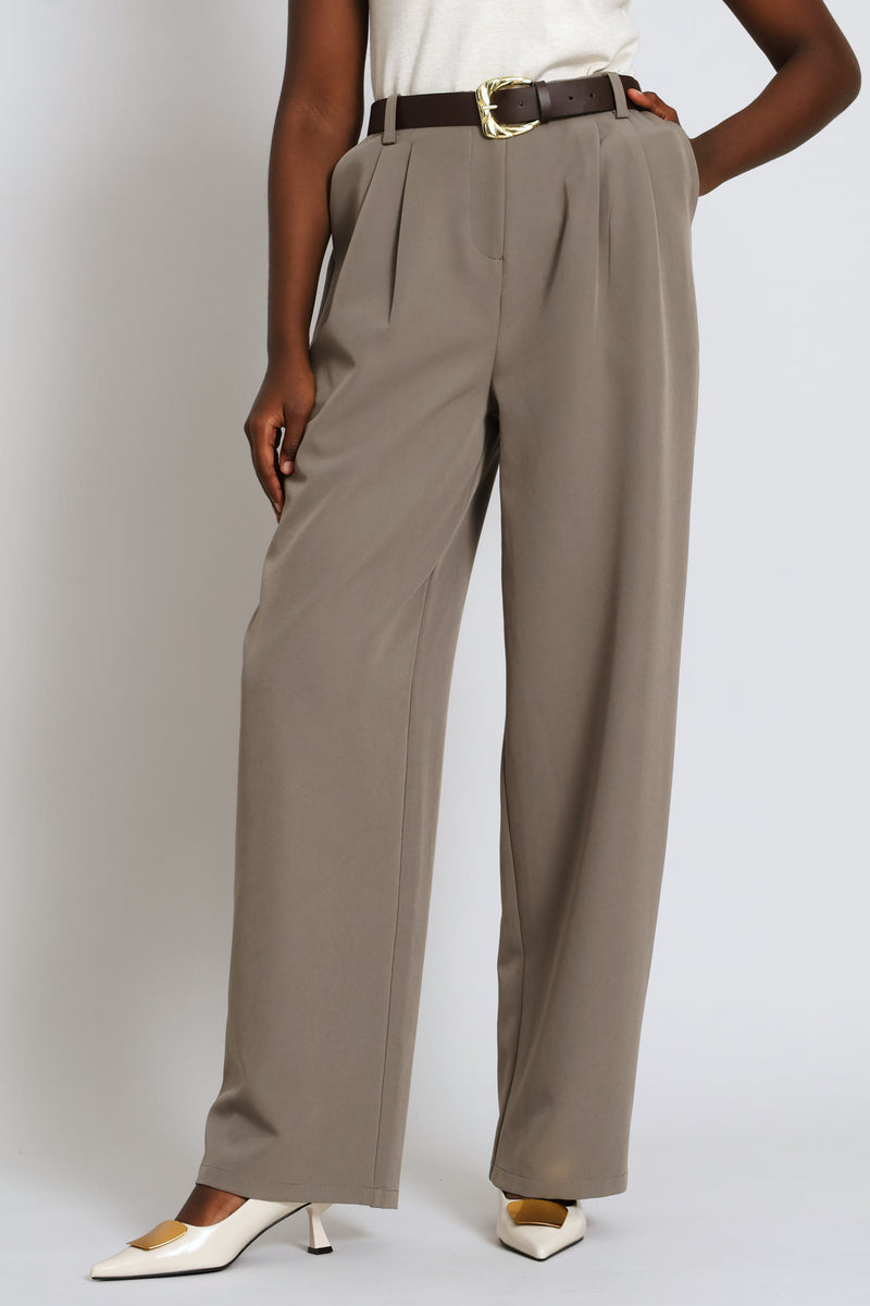 Fancy Buckle Pleat Wide Leg Pant - Brown