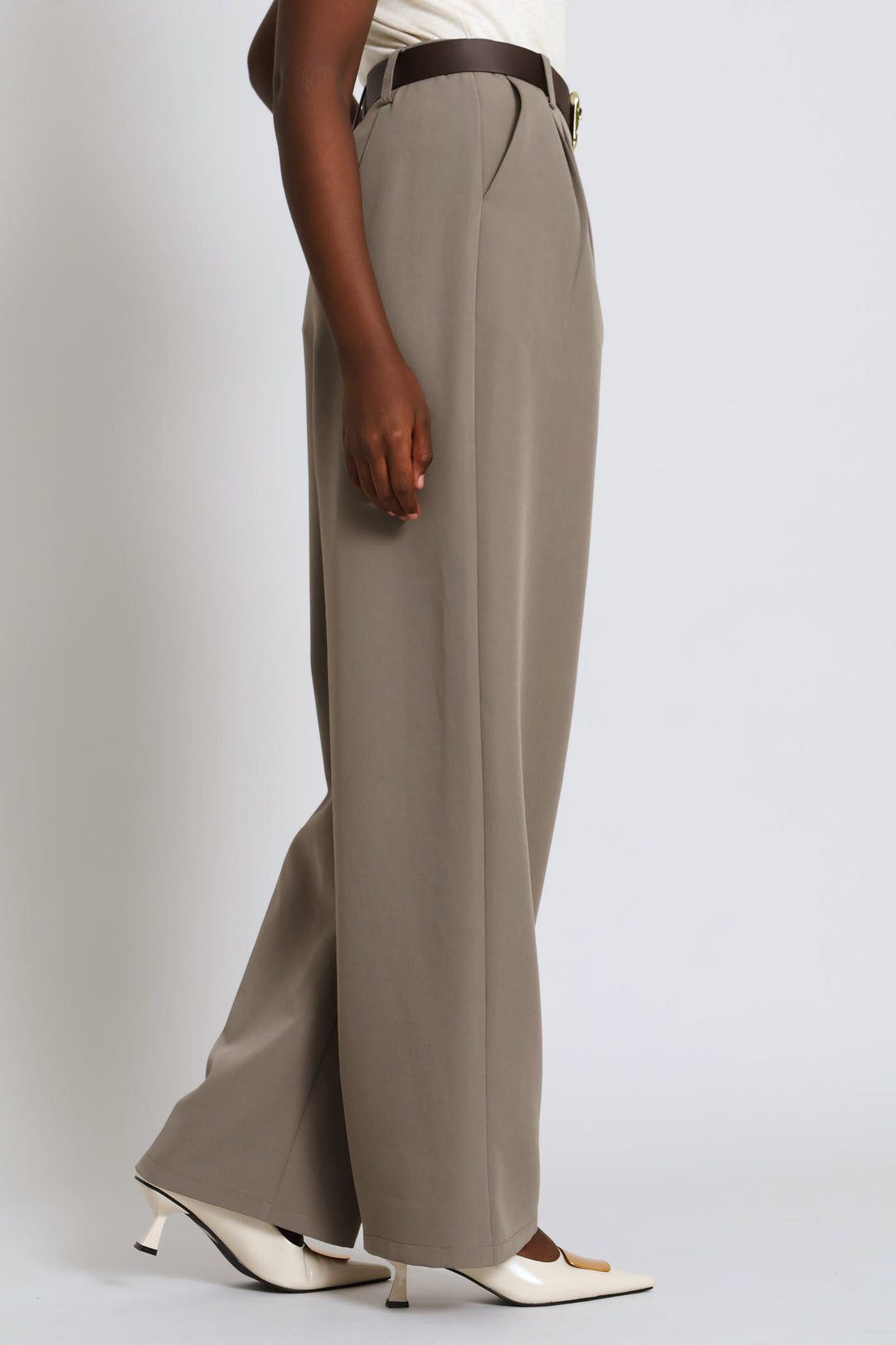 Fancy Buckle Pleat Wide Leg Pant - Brown