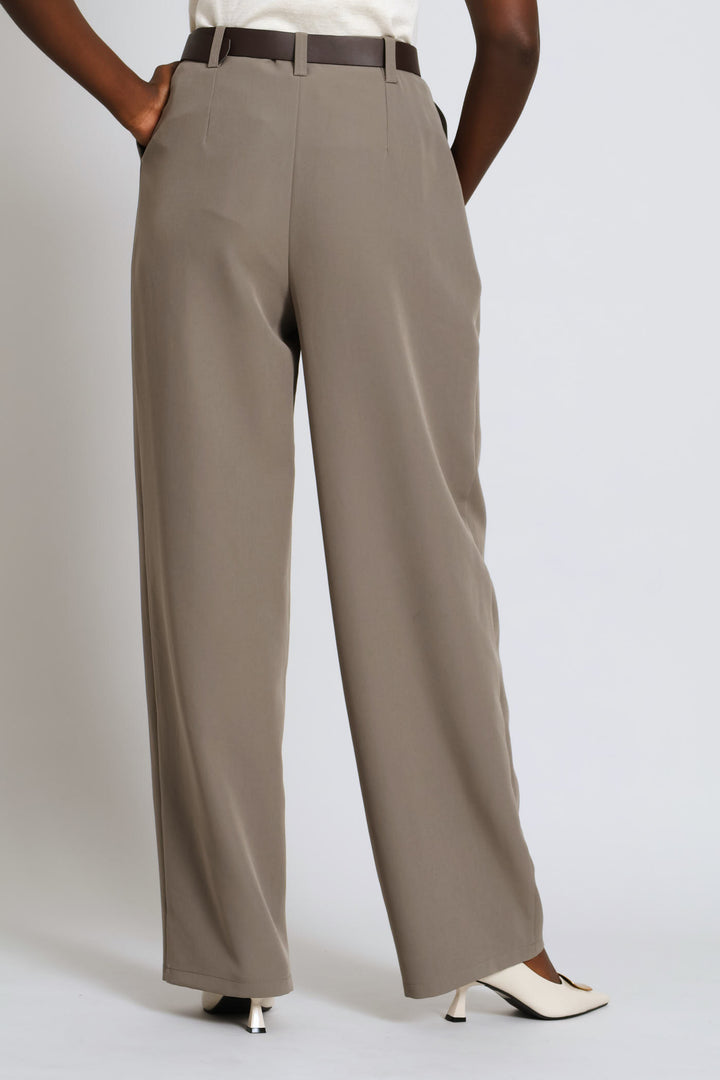 Fancy Buckle Pleat Wide Leg Pant - Brown