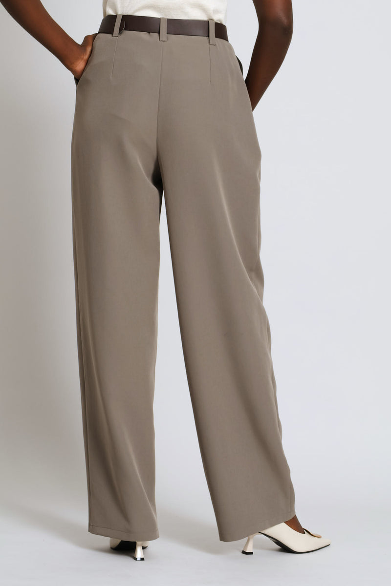 Fancy Buckle Pleat Wide Leg Pant - Brown