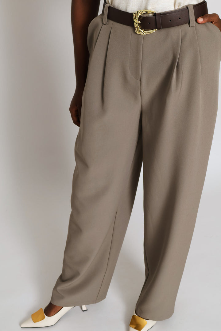 Fancy Buckle Pleat Wide Leg Pant - Brown