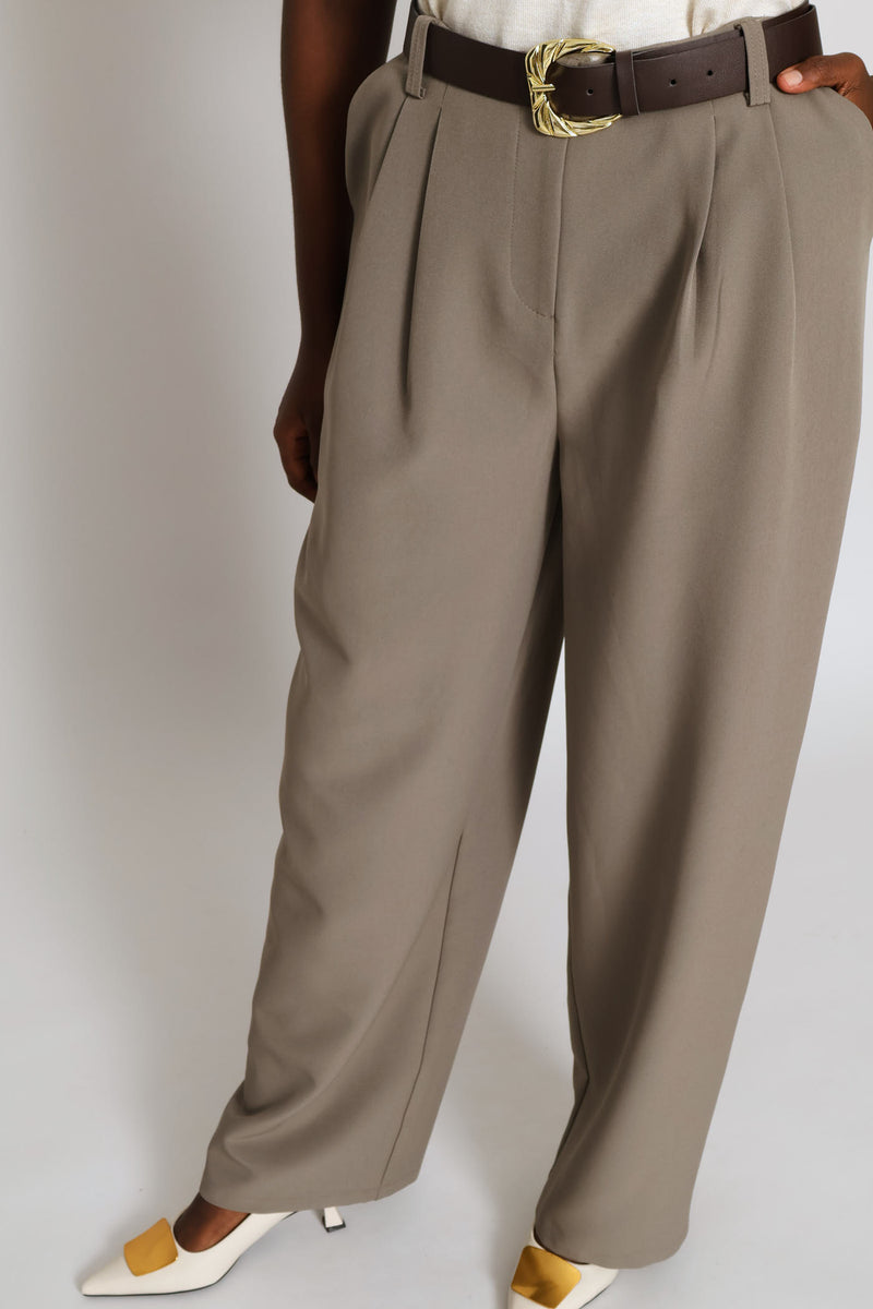 Fancy Buckle Pleat Wide Leg Pant - Brown