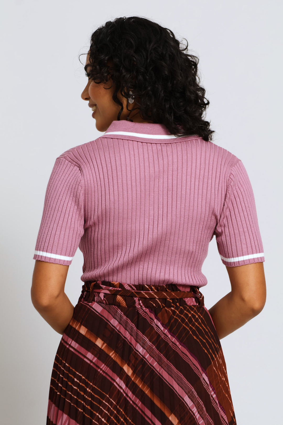 Cable Knit Tipped Golfer - Mauve
