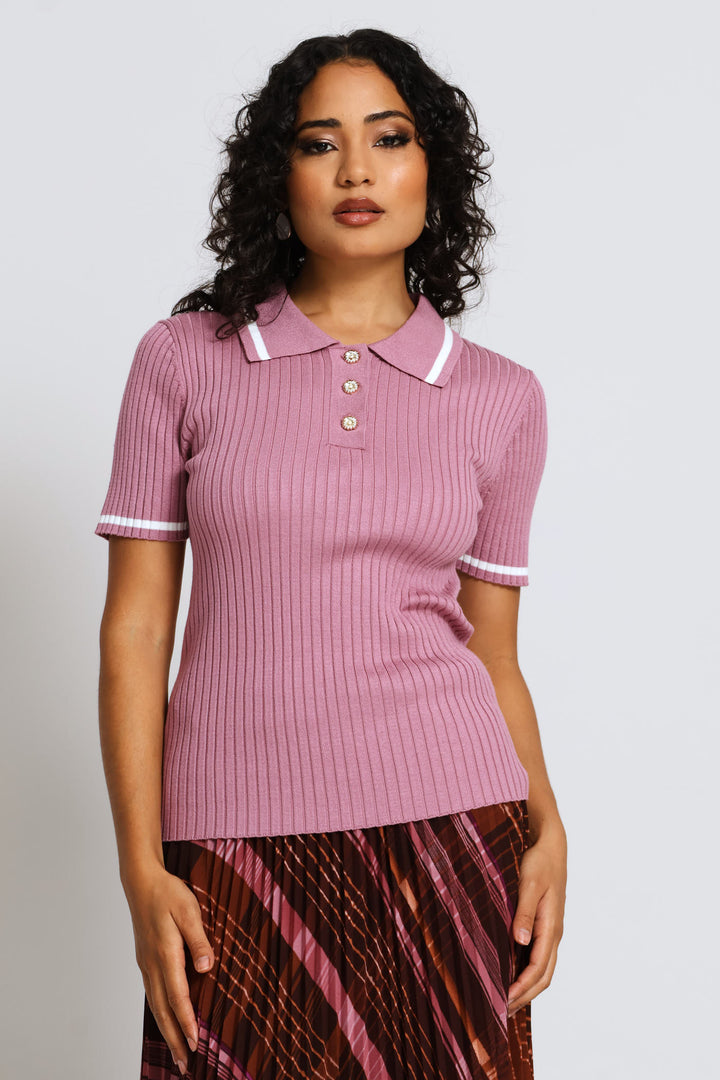 Cable Knit Tipped Golfer - Mauve