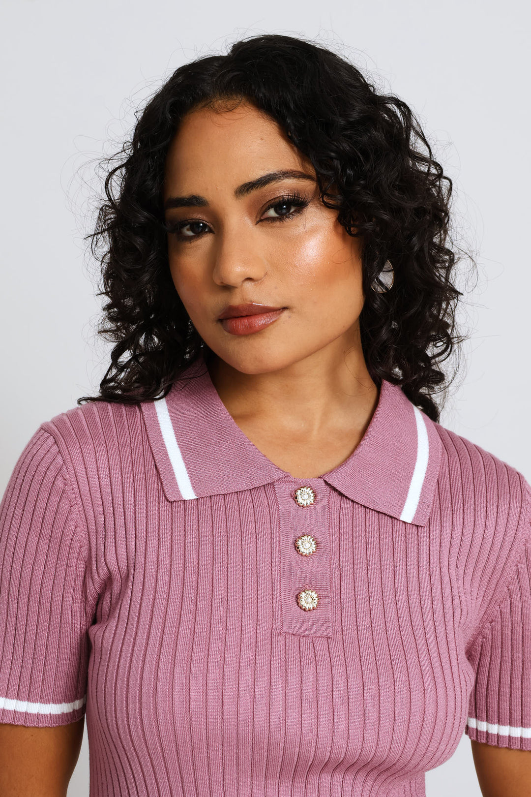 Cable Knit Tipped Golfer - Mauve
