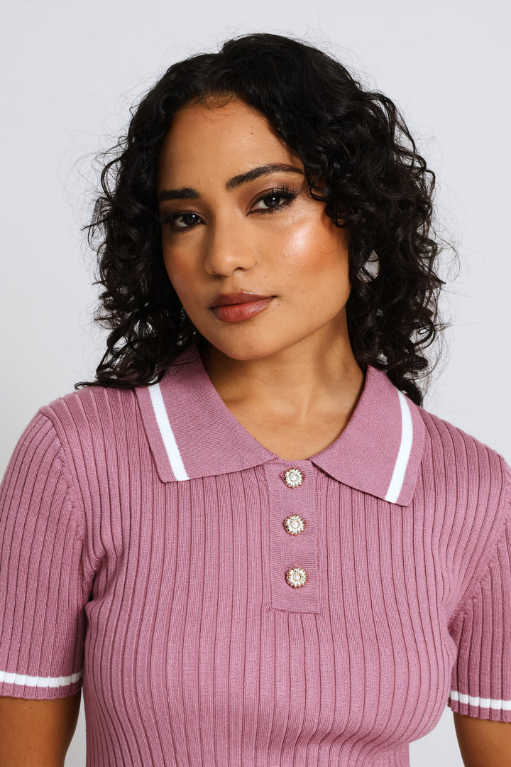 Cable Knit Tipped Golfer - Mauve