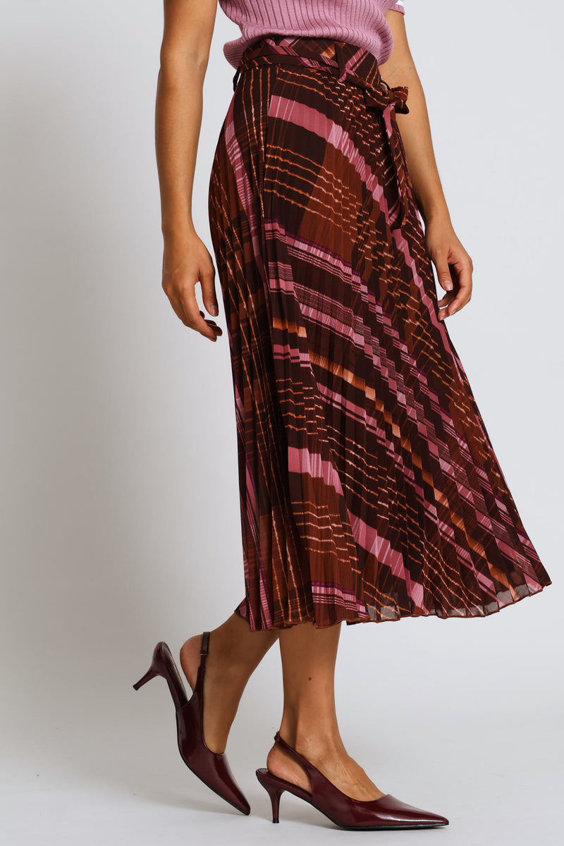 Plaid Chiffon Pleated Midi Skirt - Multi