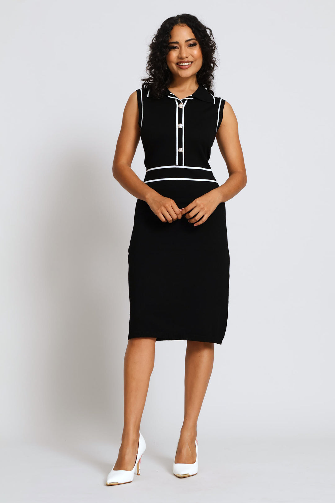 Button Through Tipped Knitwear Dress - Black/White