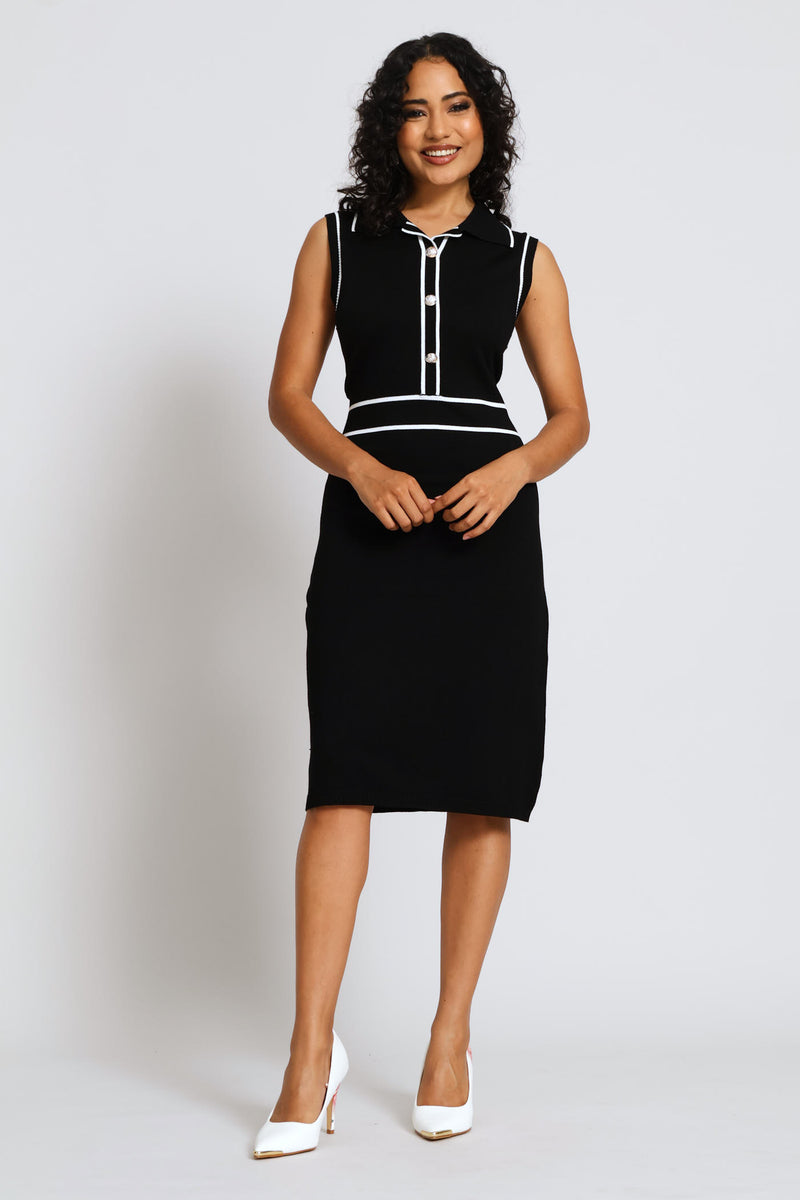 Button Through Tipped Knitwear Dress - Black/White