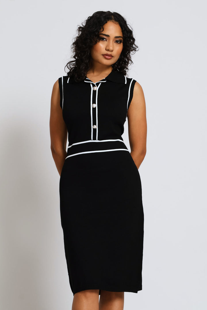 Button Through Tipped Knitwear Dress - Black/White