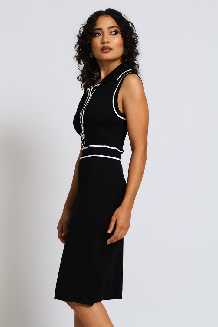 Button Through Tipped Knitwear Dress - Black/White