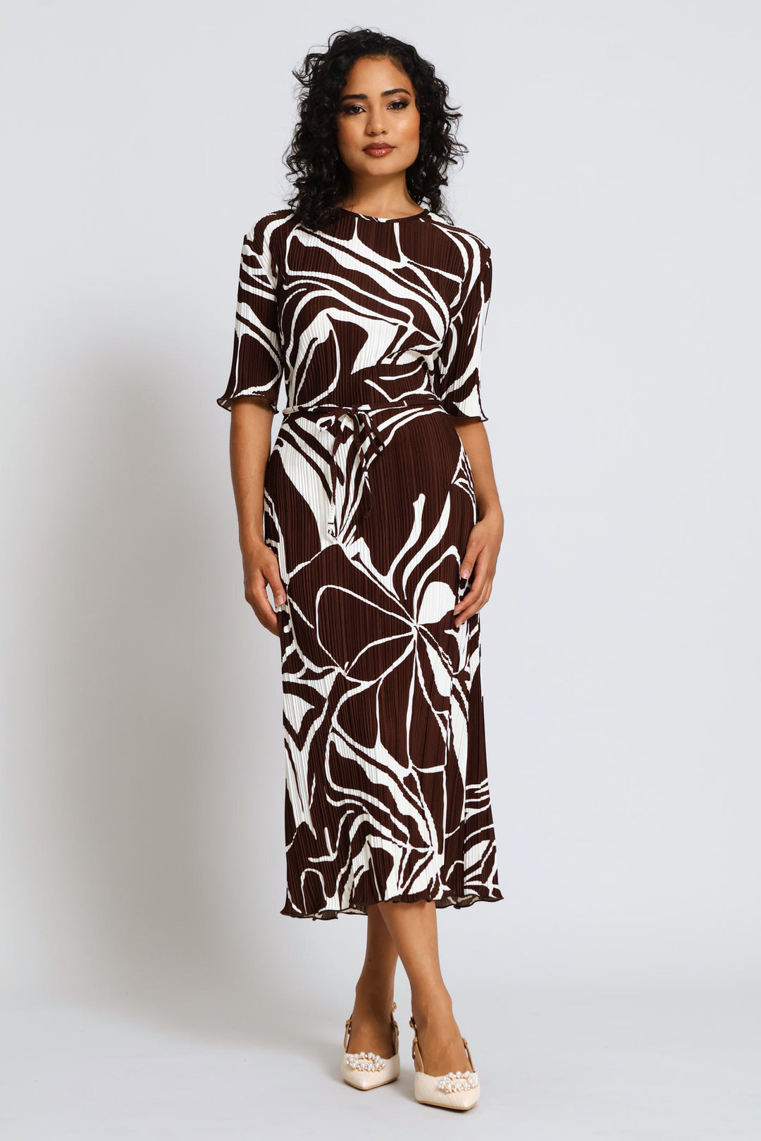 Plisse Shift Midi Dress - Cream/Chocolate