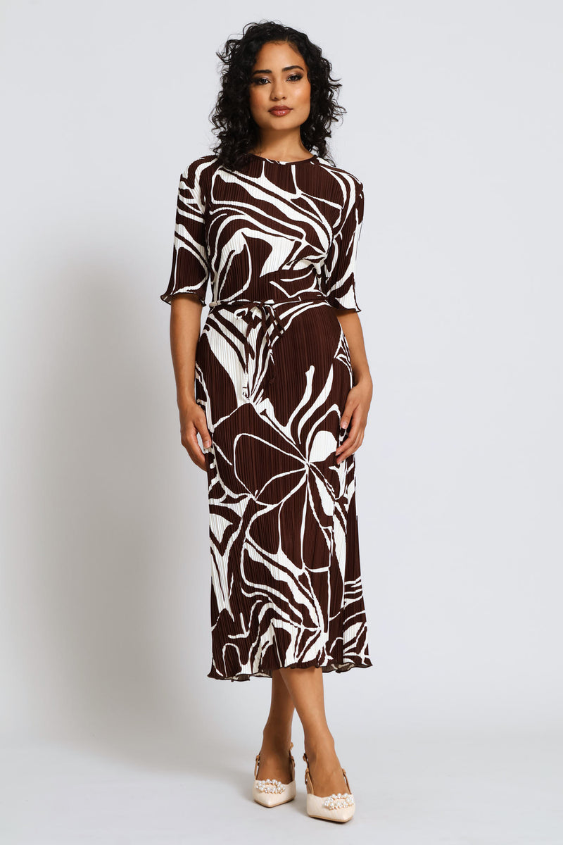 Plisse Shift Midi Dress - Cream/Chocolate