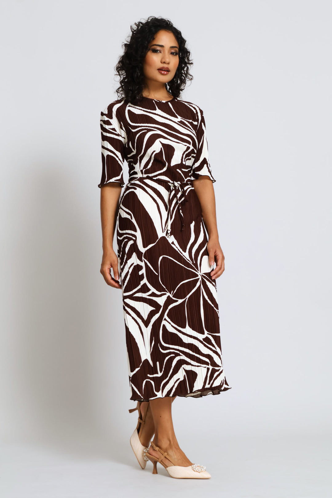 Plisse Shift Midi Dress - Cream/Chocolate