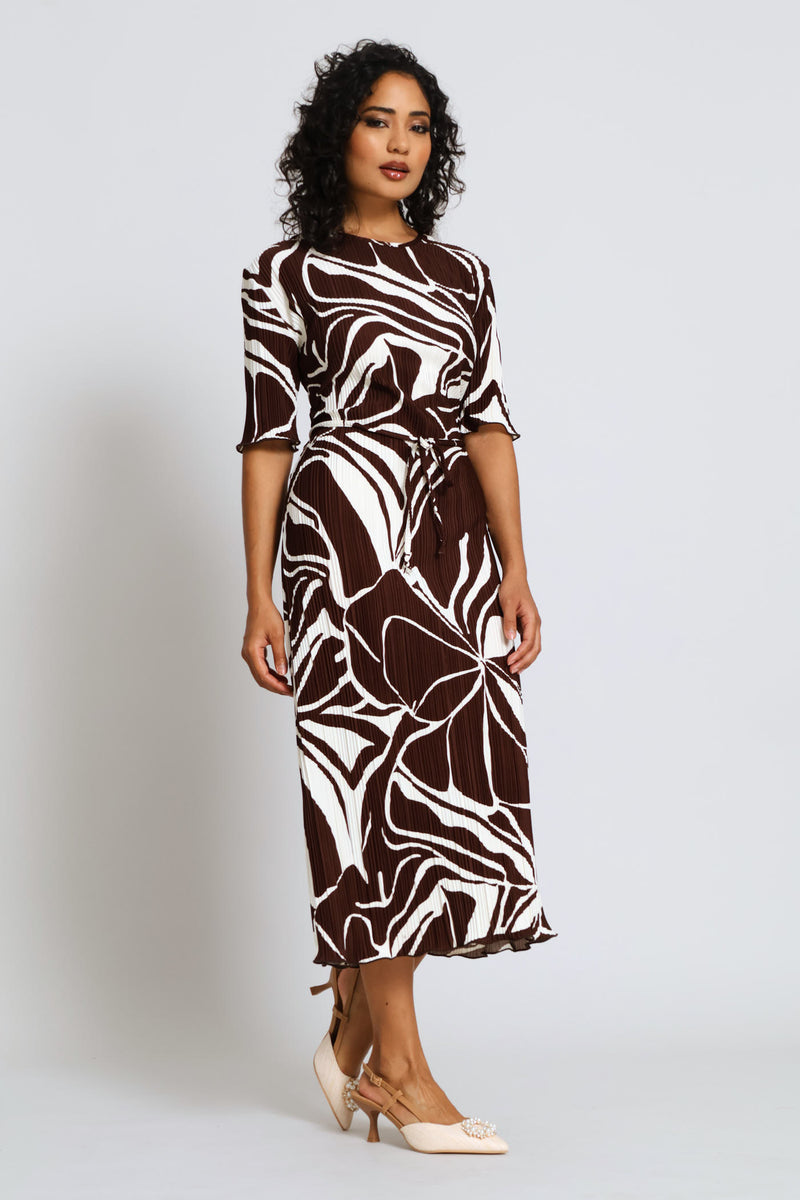 Plisse Shift Midi Dress - Cream/Chocolate