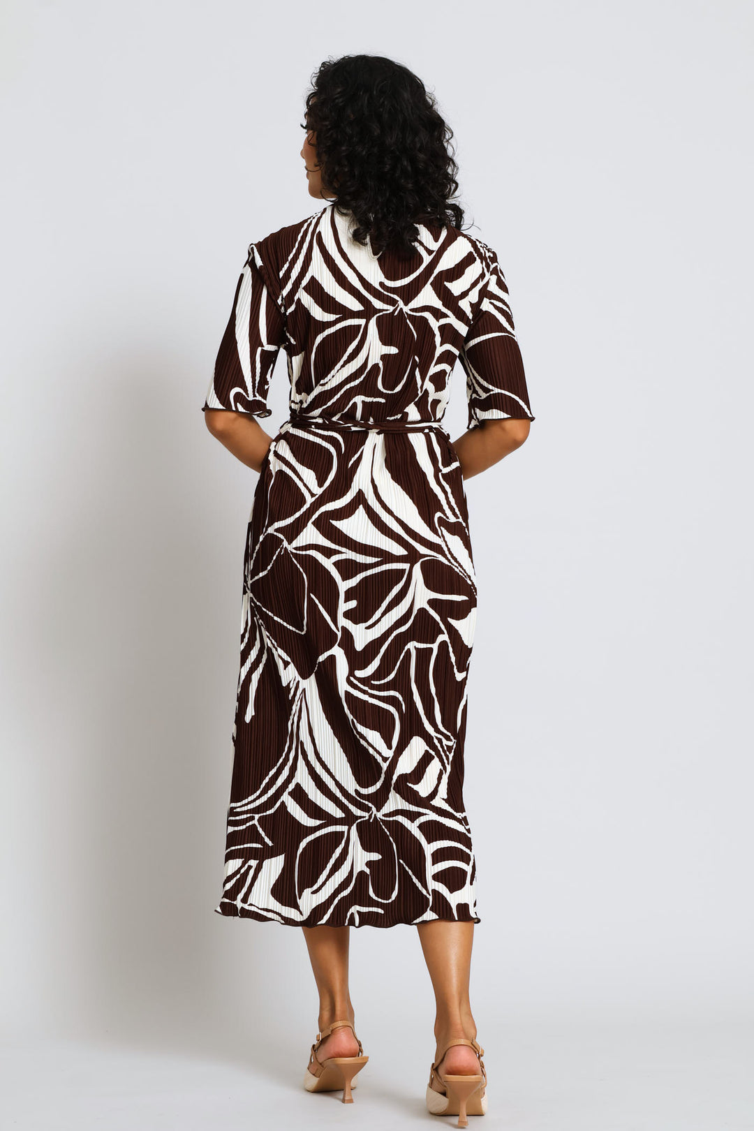 Plisse Shift Midi Dress - Cream/Chocolate