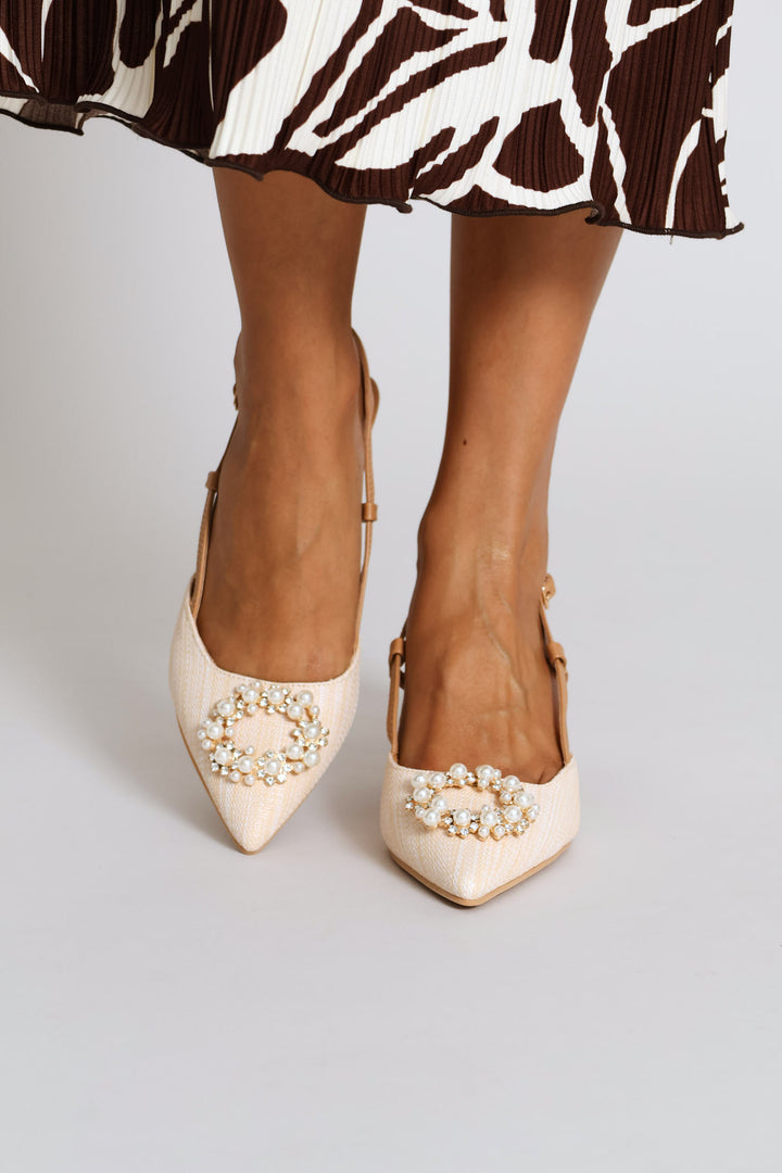 Raffia Slingback With Diamante Kitten Heel - Off White