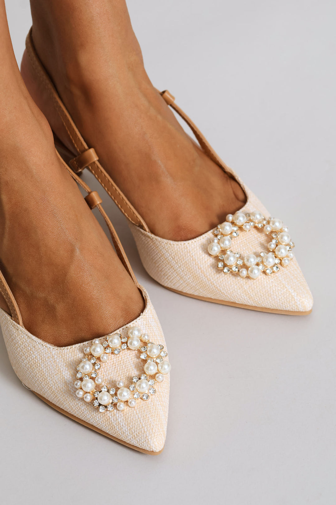 Raffia Slingback With Diamante Kitten Heel - Off White