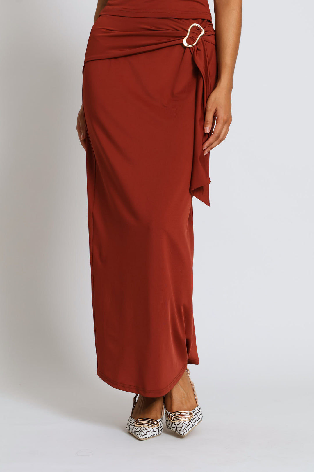 Slinky Bow Midi Wrap Skirt - Copper