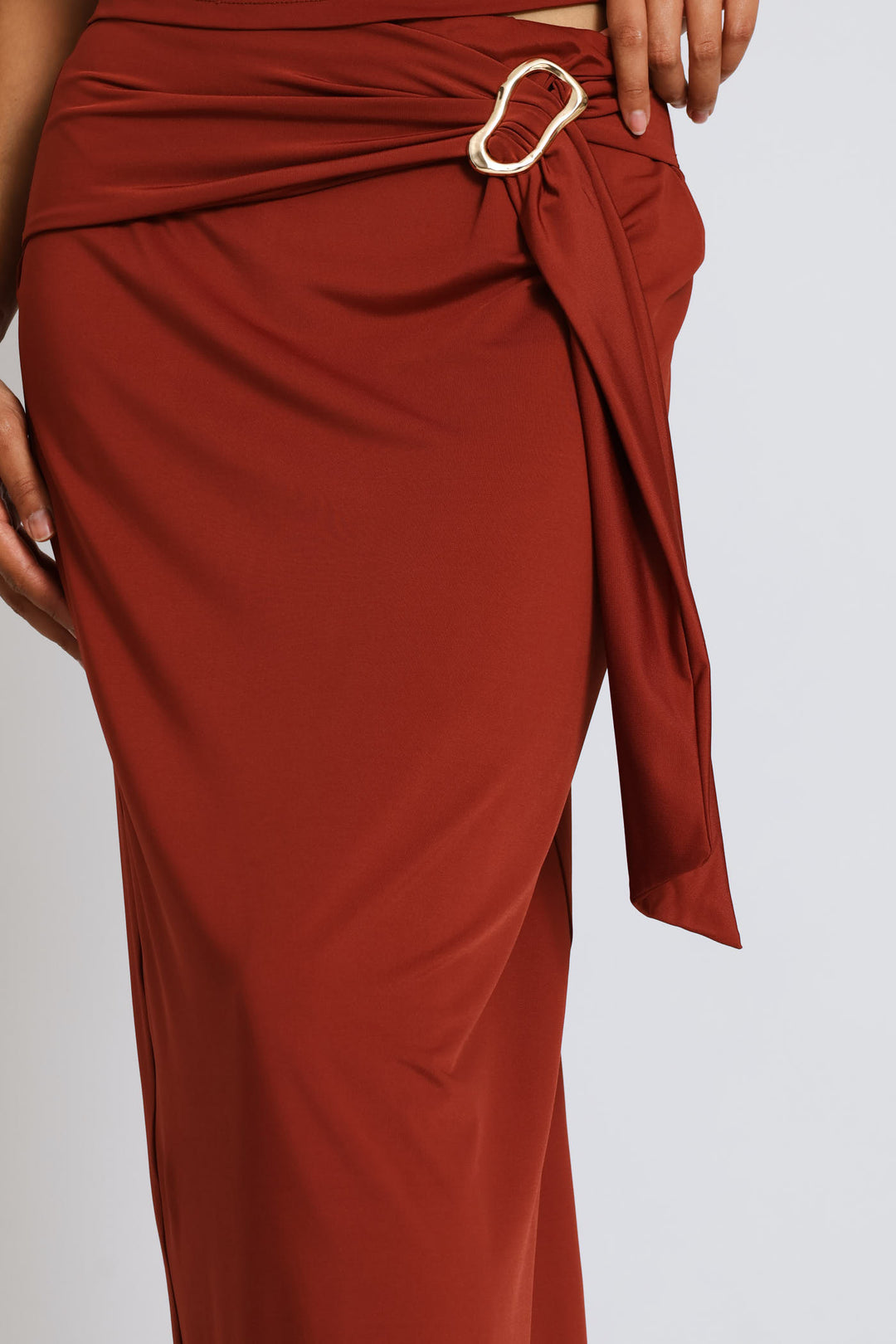 Slinky Bow Midi Wrap Skirt - Copper