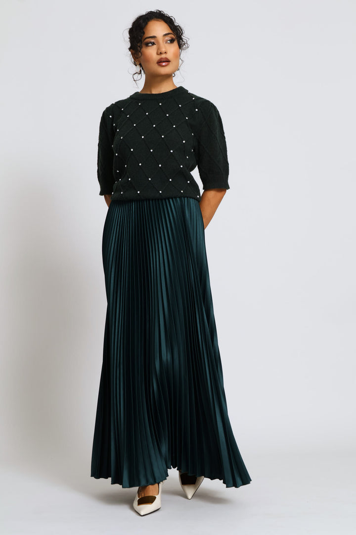 Pleated Satin Maxi Skirt - Hunter Green