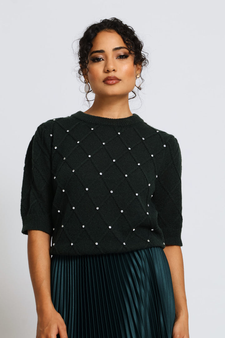 Diamante Detail Pullover - Bottle Green