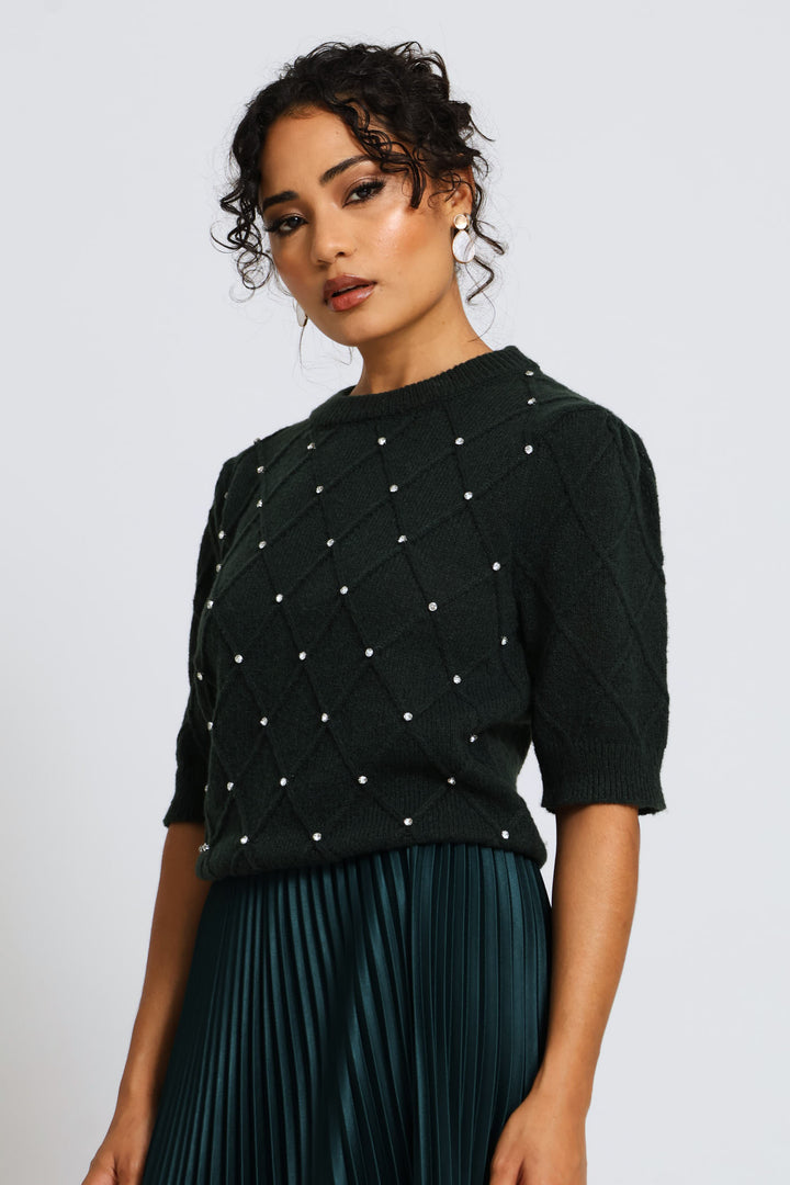 Diamante Detail Pullover - Bottle Green