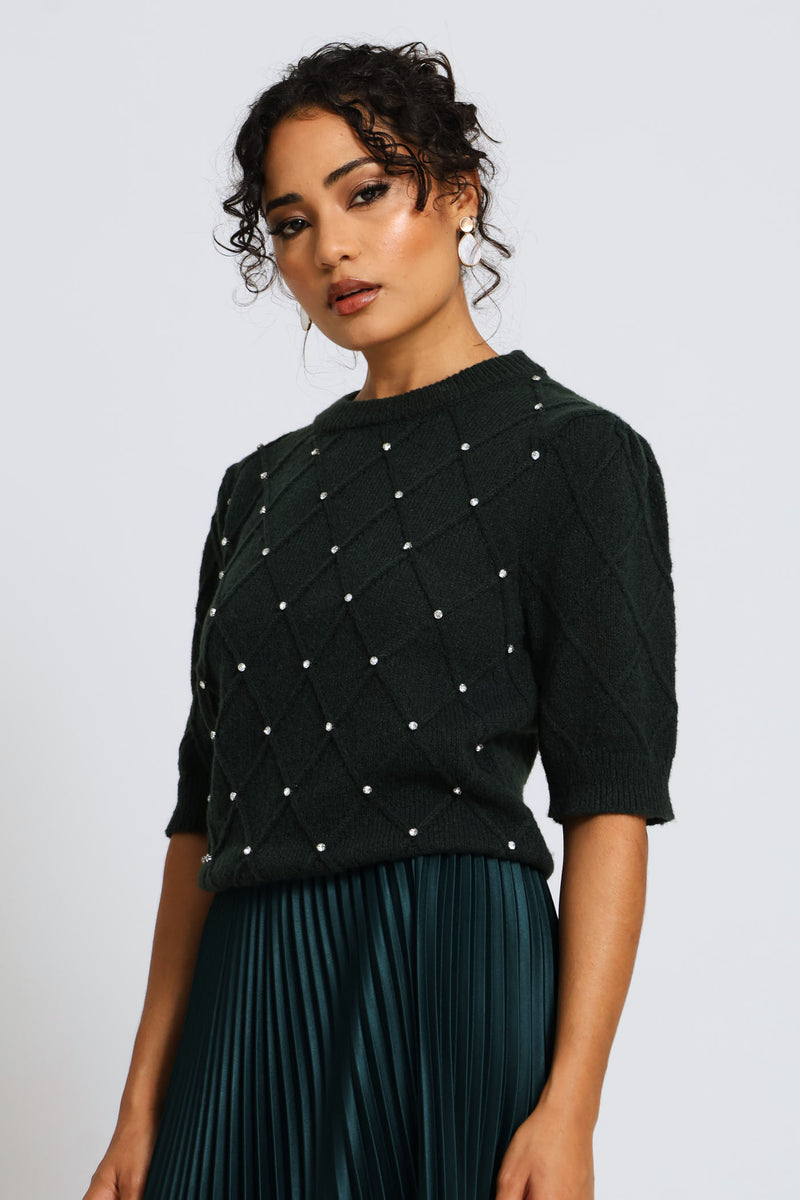 Diamante Detail Pullover - Bottle Green