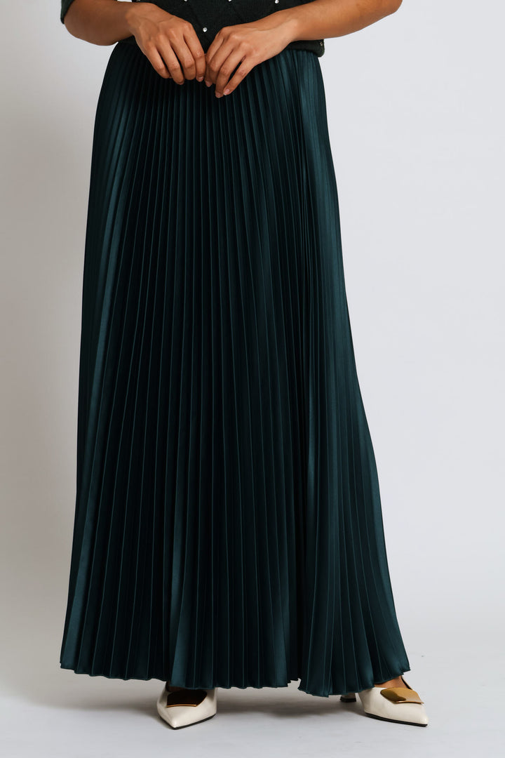 Pleated Satin Maxi Skirt - Hunter Green