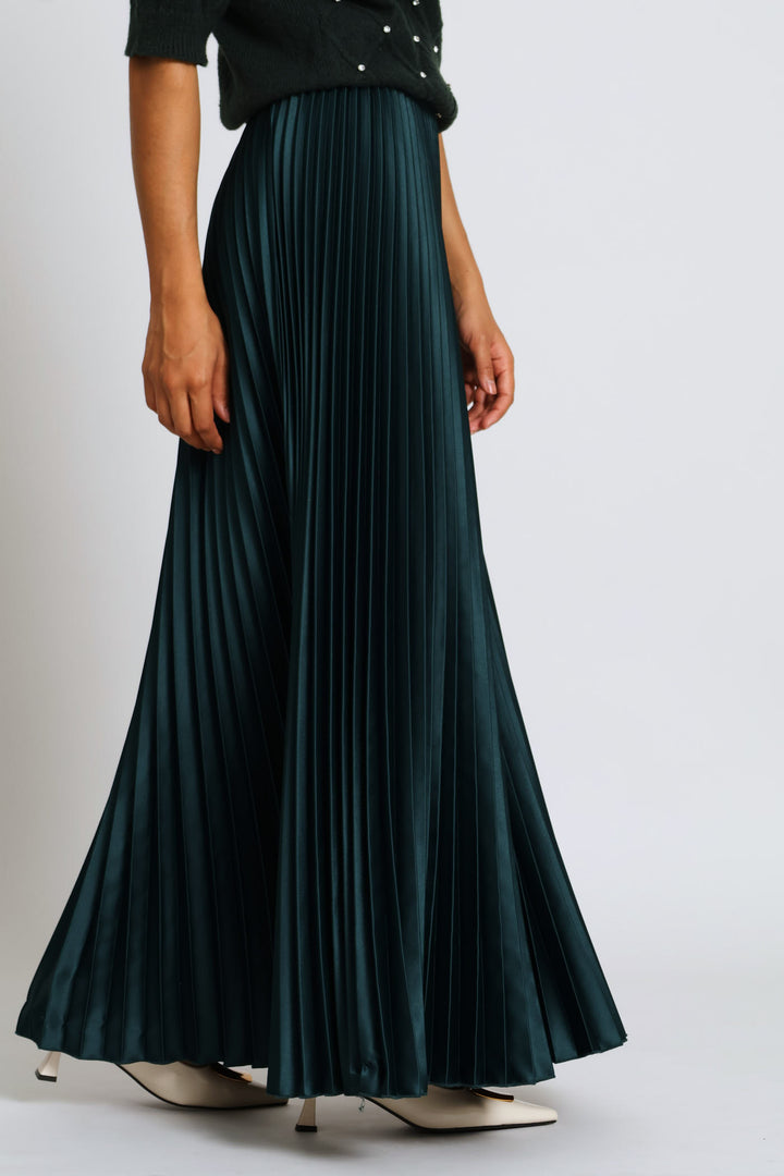 Pleated Satin Maxi Skirt - Hunter Green