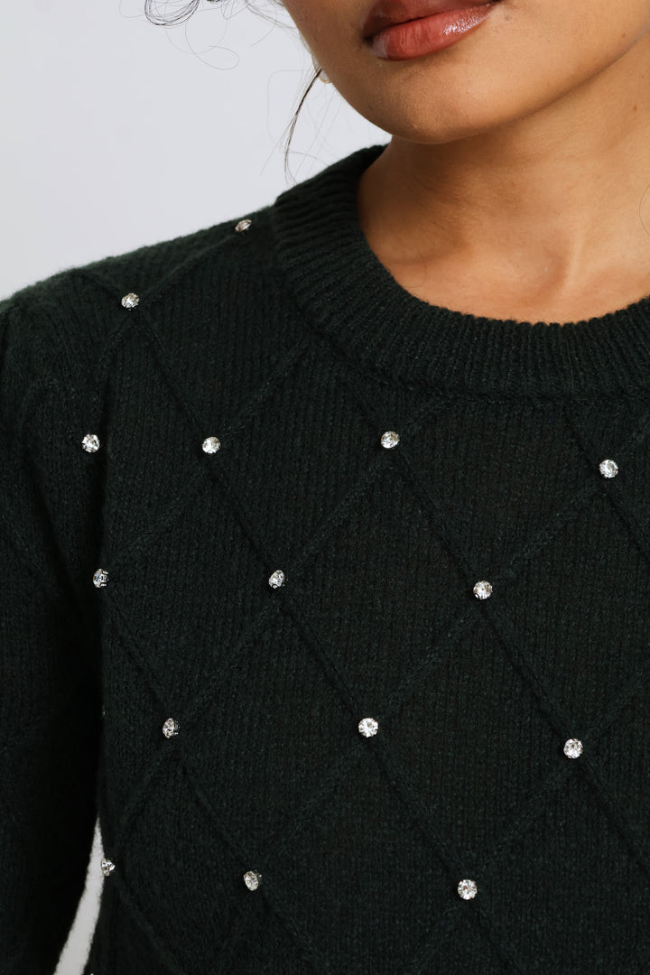 Diamante Detail Pullover - Bottle Green