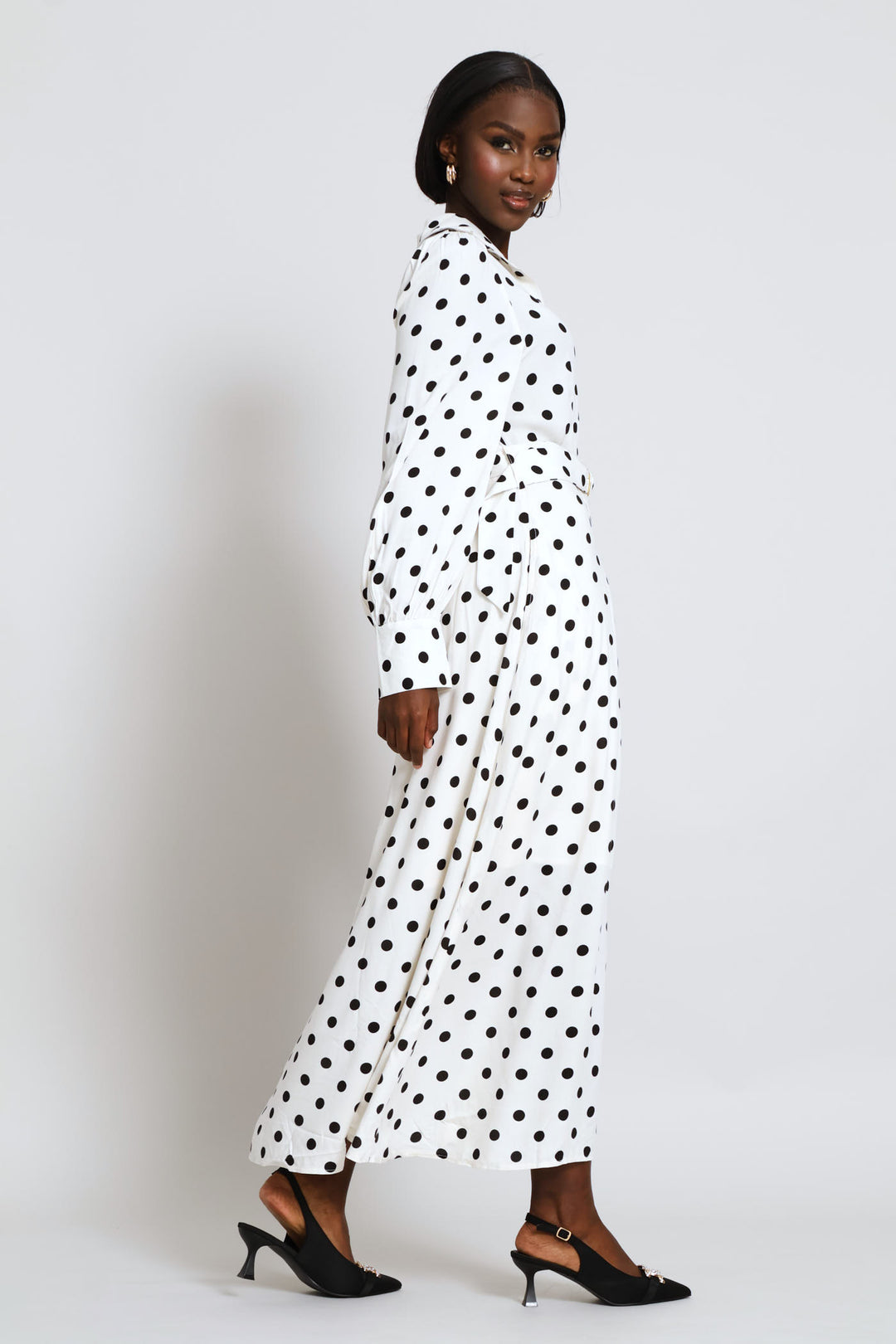 Long Sleeve D-Ring Self Belt Shirt Maxi Dress - Cream/Black