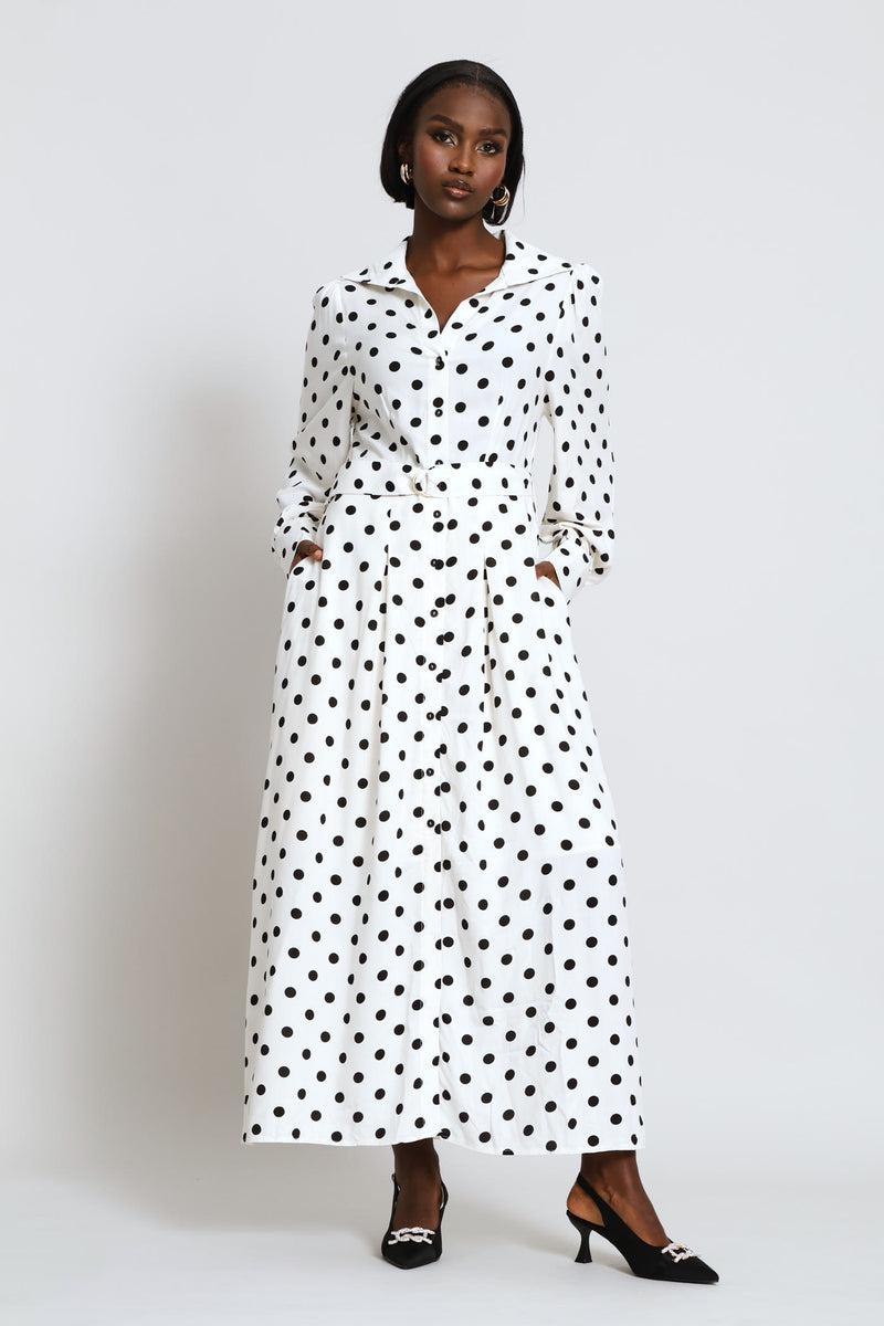 Long Sleeve D-Ring Self Belt Shirt Maxi Dress - Cream/Black