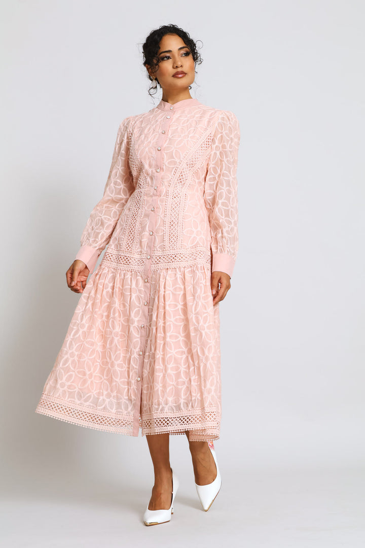 Long Sleeve Button Through Easy Wearing Lace Dress - Pink