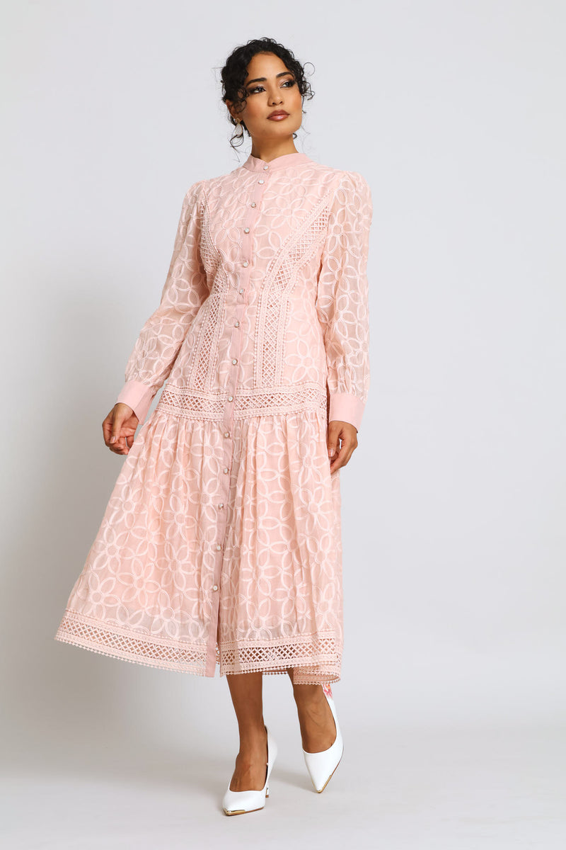 Long Sleeve Button Through Easy Wearing Lace Dress - Pink