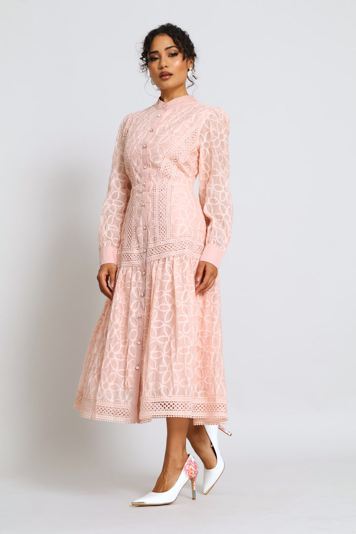Long Sleeve Button Through Easy Wearing Lace Dress - Pink