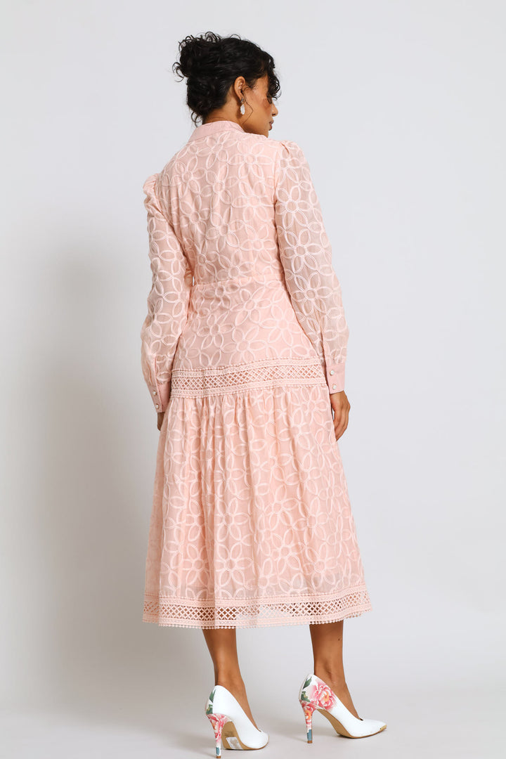 Long Sleeve Button Through Easy Wearing Lace Dress - Pink